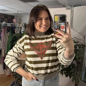 Vintage Code Nouveau Mock Neck Stripe Long Sleeve Crop Top Size Small